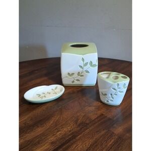 Bed Bath & Beyond Spring Lake Ceramic Bathroom Set Sage Green Leaf 3 Piece